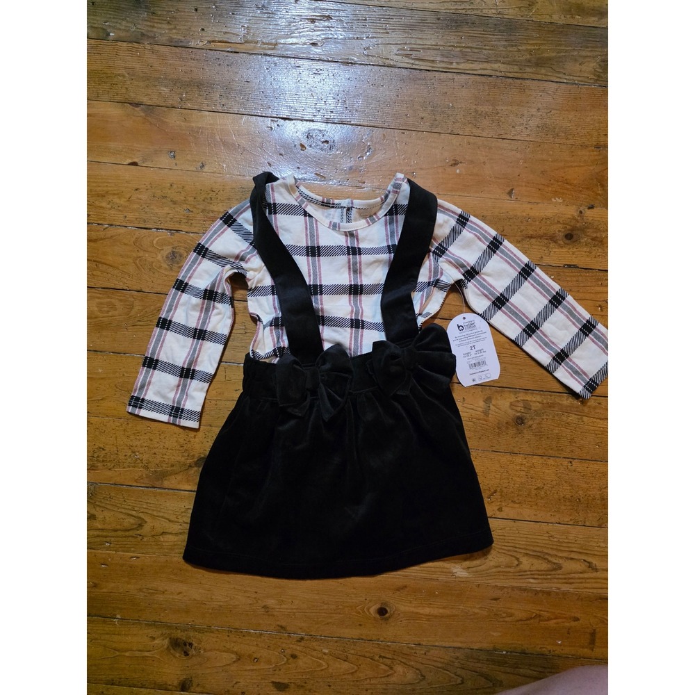 Wonder Nation Toddler Girls 2T Plaid Top and Black Velvet Pinafore Skirt Set NWT